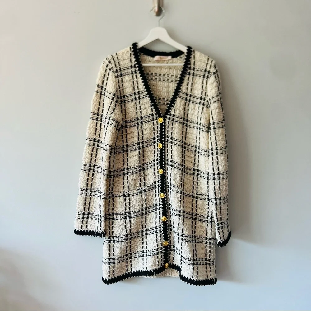 Tory Burch Kendra Tweed Jacket Coat Black Cream Fringed Size M​​